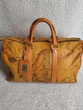 Alviero Martini Tan Map Leather Duffel Boston Bag Travel
